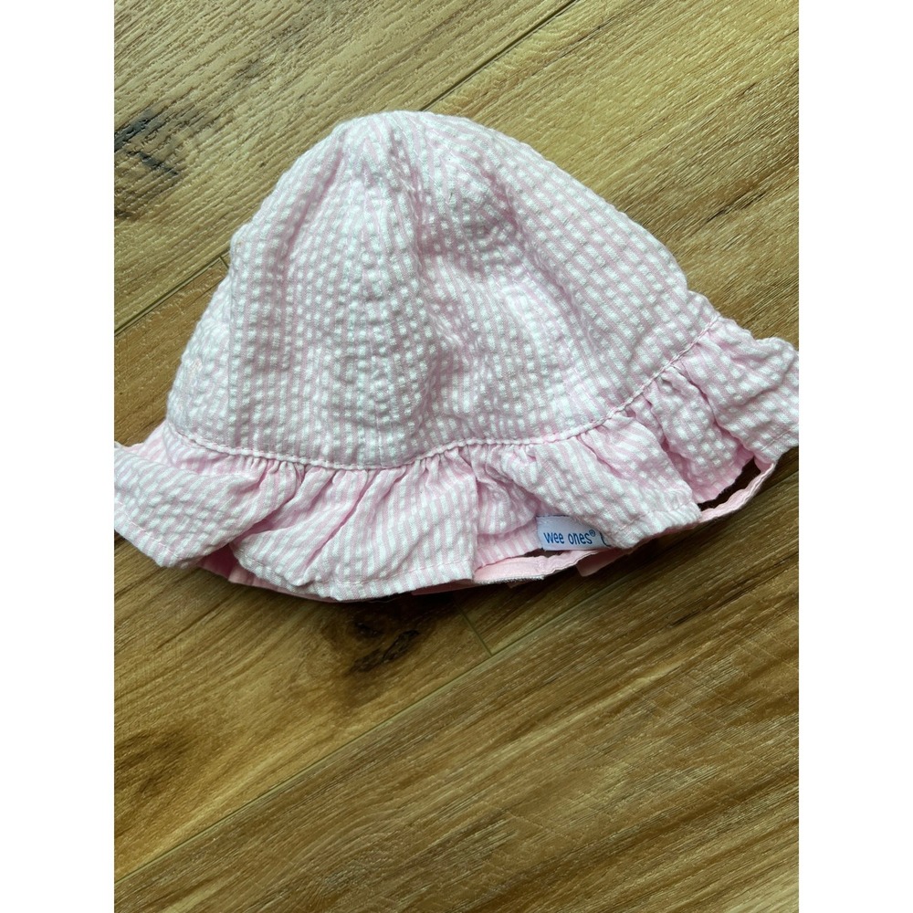 Wee Ones Seersucker Sun Hat Baby Girls Pink Ruffle Brim Chin Strap Summer Cap